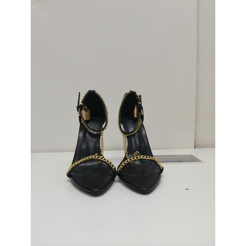 2026 New Foreign Trade Model European American Style gold Women's One-Strap High Heel Sandals with Thin Heel, Open Toe, Metal Chain, and Pointed Toe