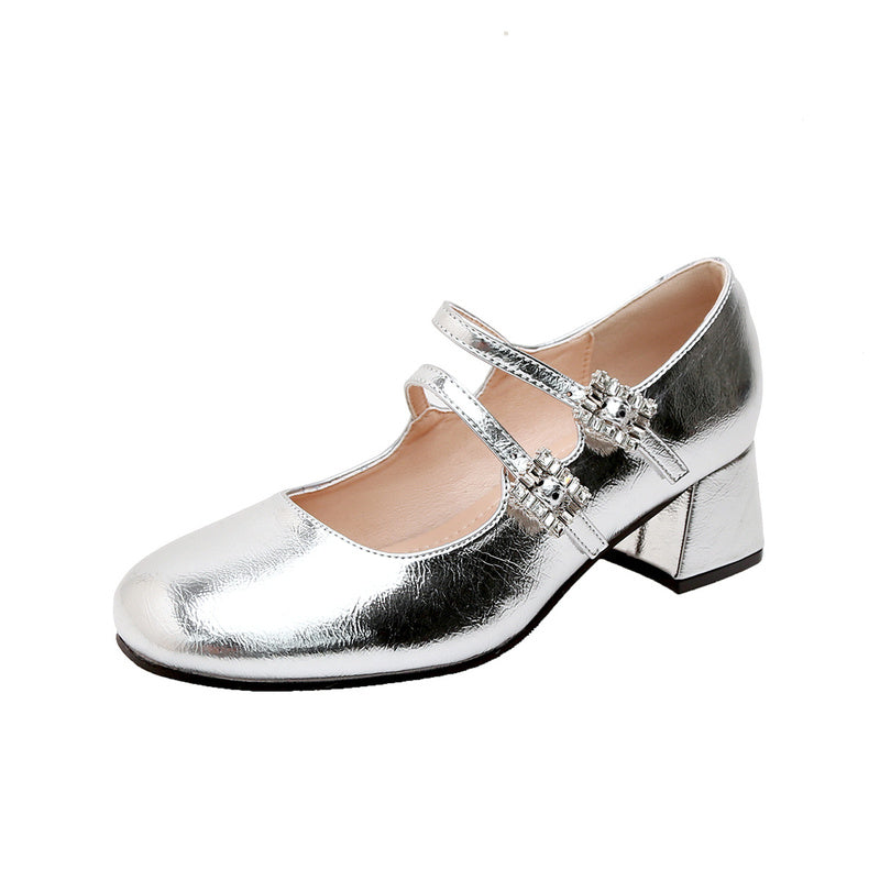 Weiwei Girl 173-1 French Mary Jane for Women One-Strap Chunky Heel Single Shoes Fairy Style Silver High Heels