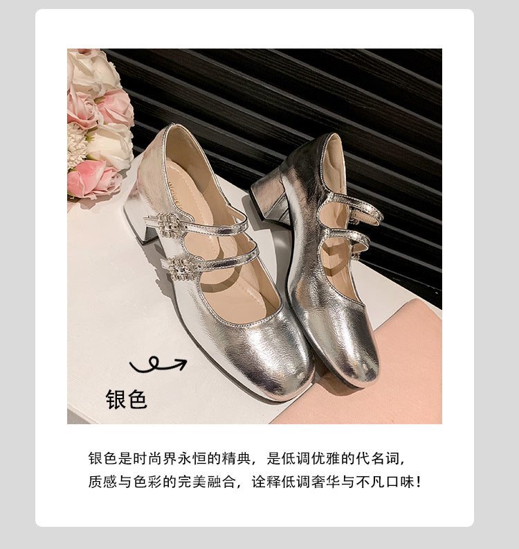 Weiwei Girl 173-1 French Mary Jane for Women One-Strap Chunky Heel Single Shoes Fairy Style Silver High Heels