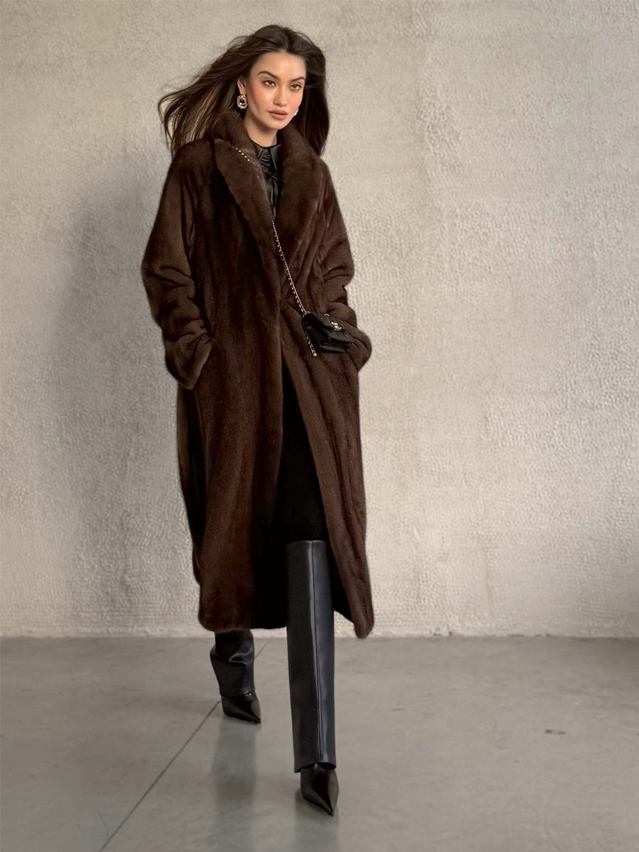 European and American cross-border winter women's long-length eco-friendly faux with belt, imitation mink fur thick coat