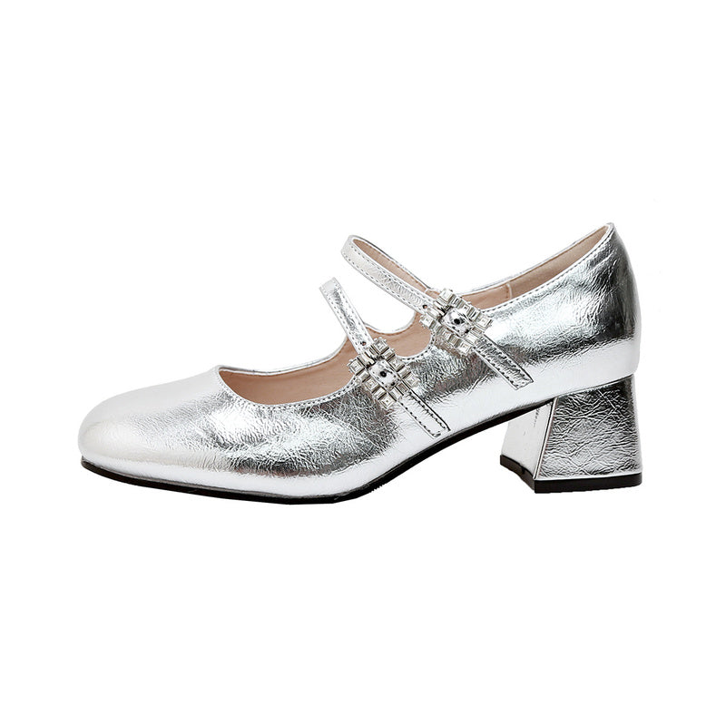 Weiwei Girl 173-1 French Mary Jane for Women One-Strap Chunky Heel Single Shoes Fairy Style Silver High Heels