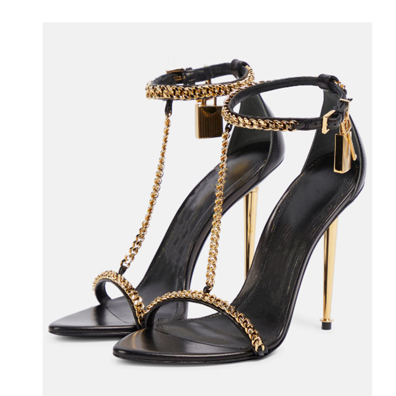 2026 New Foreign Trade Model European American Style gold Women's One-Strap High Heel Sandals with Thin Heel, Open Toe, Metal Chain, and Pointed Toe