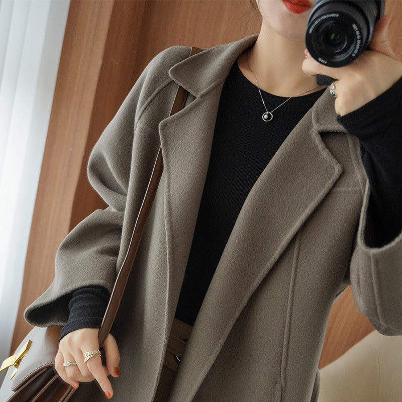 Women's double-faced wool coat, long, knee-length, loose fit, plus size, autumn winter, elegant, casual, and high-end