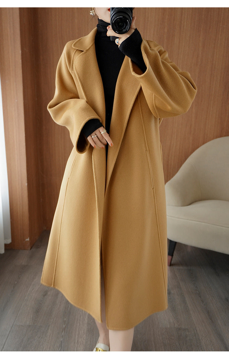 Women's double-faced wool coat, long, knee-length, loose fit, plus size, autumn winter, elegant, casual, and high-end