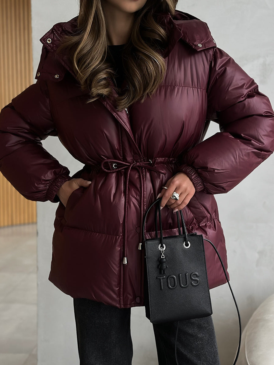 Cross-Border Drawstring Slim European and American 2025 Winter New Hooded Zipper Comfortable Warm Cotton Jacket Coat