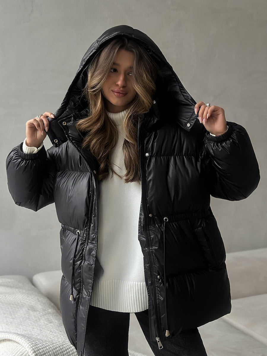 Cross-Border Drawstring Slim European and American 2025 Winter New Hooded Zipper Comfortable Warm Cotton Jacket Coat