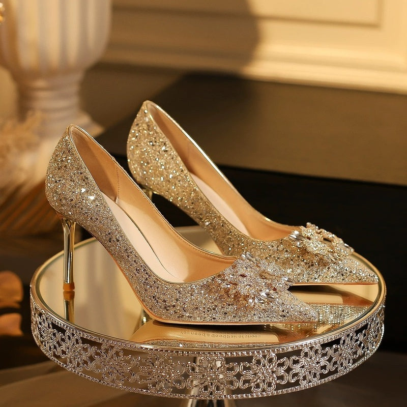 Wedding dual-use Xiuhe bridal crystal shoes, champagne-colored high heels women, comfortable for the feet, with rhinestones