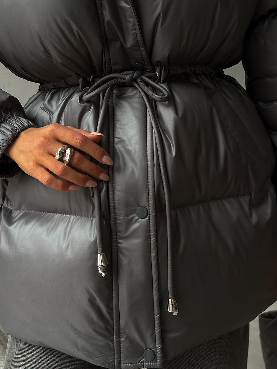 Cross-Border Drawstring Slim European and American 2025 Winter New Hooded Zipper Comfortable Warm Cotton Jacket Coat