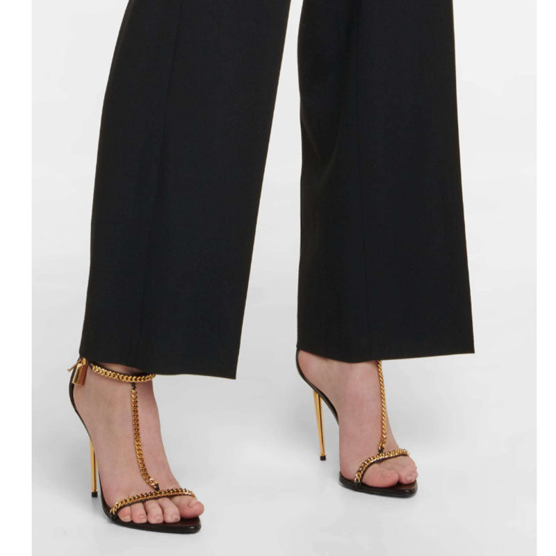 2026 New Foreign Trade Model European American Style gold Women's One-Strap High Heel Sandals with Thin Heel, Open Toe, Metal Chain, and Pointed Toe