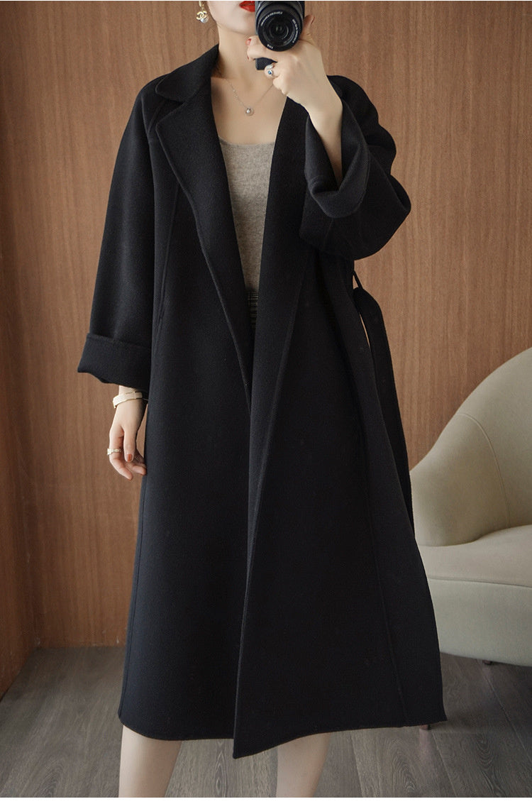 Women's double-faced wool coat, long, knee-length, loose fit, plus size, autumn winter, elegant, casual, and high-end