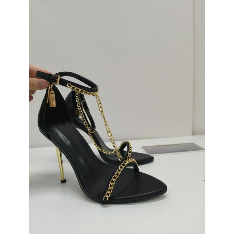 2026 New Foreign Trade Model European American Style gold Women's One-Strap High Heel Sandals with Thin Heel, Open Toe, Metal Chain, and Pointed Toe