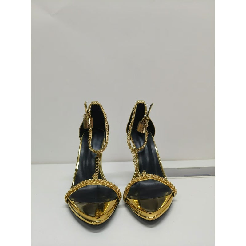 2026 New Foreign Trade Model European American Style gold Women's One-Strap High Heel Sandals with Thin Heel, Open Toe, Metal Chain, and Pointed Toe
