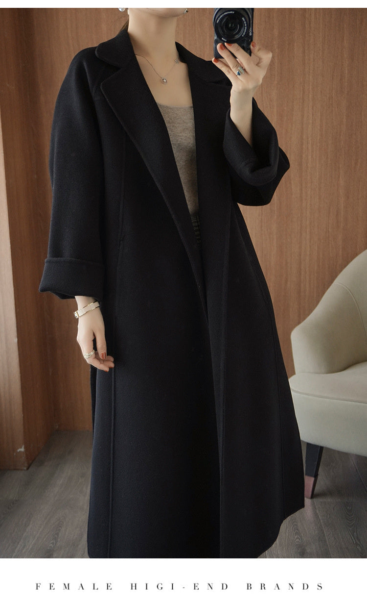 Women's double-faced wool coat, long, knee-length, loose fit, plus size, autumn winter, elegant, casual, and high-end