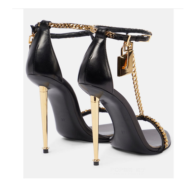 2026 New Foreign Trade Model European American Style gold Women's One-Strap High Heel Sandals with Thin Heel, Open Toe, Metal Chain, and Pointed Toe