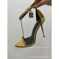 2026 New Foreign Trade Model European American Style gold Women's One-Strap High Heel Sandals with Thin Heel, Open Toe, Metal Chain, and Pointed Toe