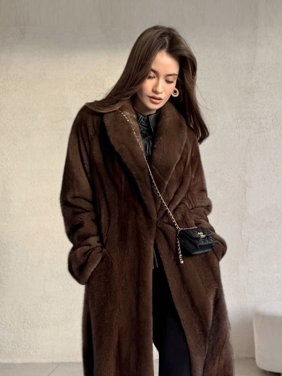 European and American cross-border winter women's long-length eco-friendly faux with belt, imitation mink fur thick coat