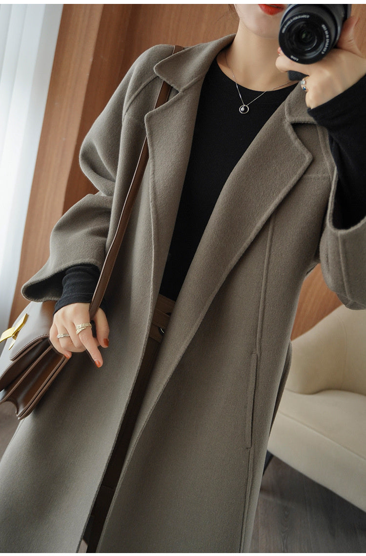 Women's double-faced wool coat, long, knee-length, loose fit, plus size, autumn winter, elegant, casual, and high-end