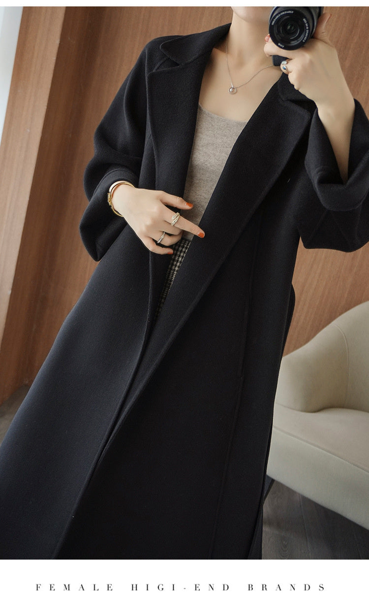 Women's double-faced wool coat, long, knee-length, loose fit, plus size, autumn winter, elegant, casual, and high-end