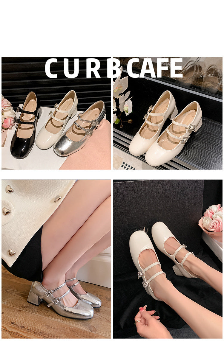 Weiwei Girl 173-1 French Mary Jane for Women One-Strap Chunky Heel Single Shoes Fairy Style Silver High Heels
