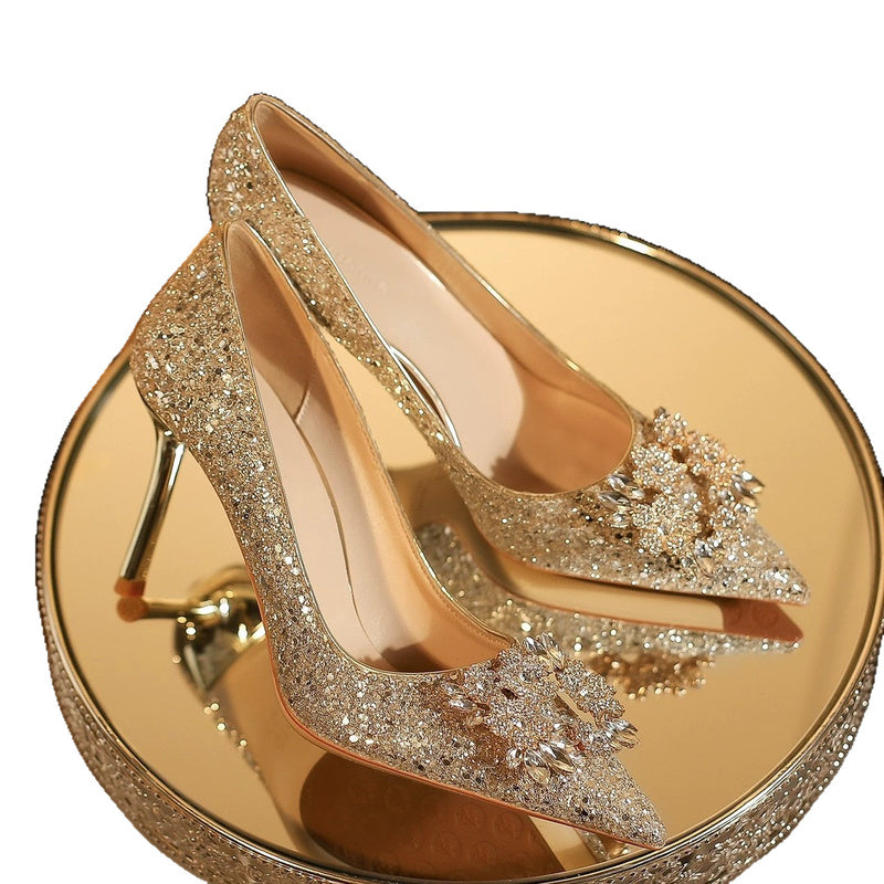Wedding dual-use Xiuhe bridal crystal shoes, champagne-colored high heels women, comfortable for the feet, with rhinestones