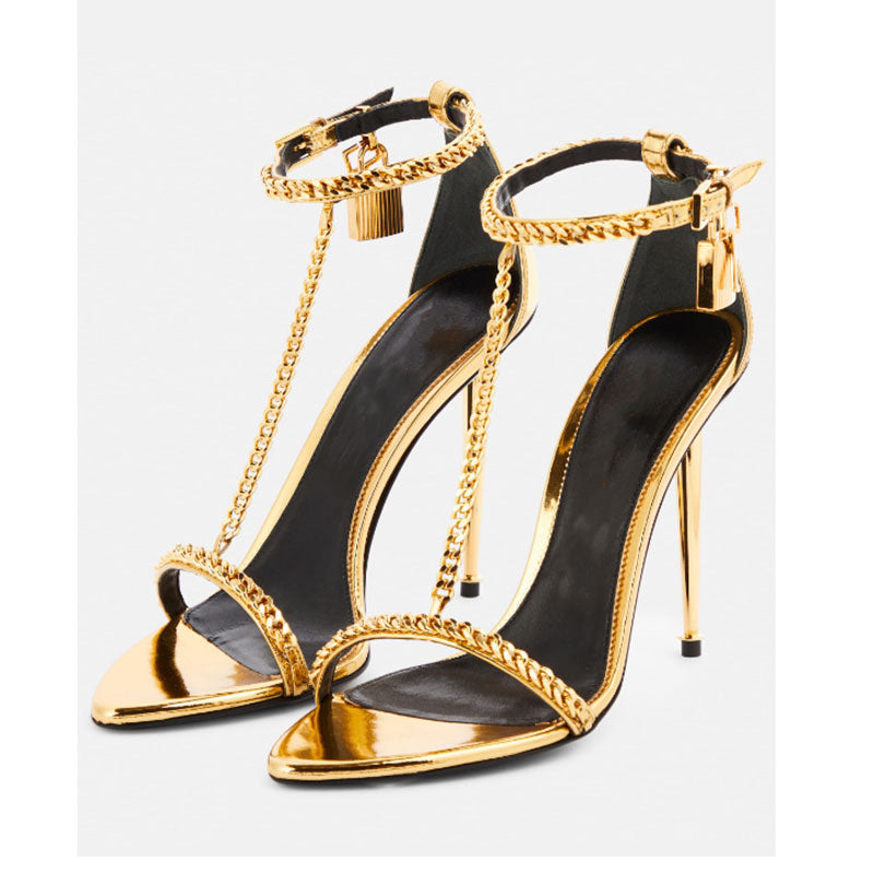 2026 New Foreign Trade Model European American Style gold Women's One-Strap High Heel Sandals with Thin Heel, Open Toe, Metal Chain, and Pointed Toe