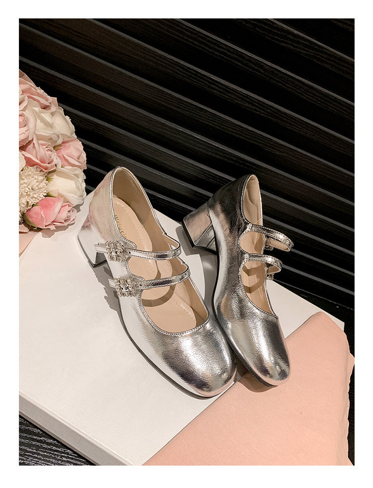 Weiwei Girl 173-1 French Mary Jane for Women One-Strap Chunky Heel Single Shoes Fairy Style Silver High Heels
