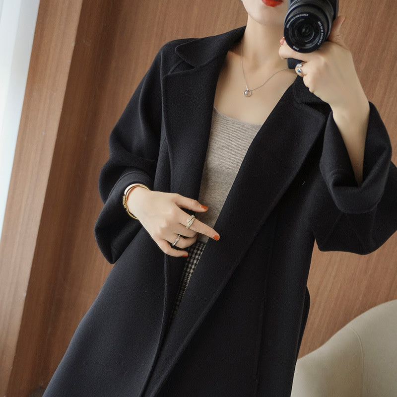 Women's double-faced wool coat, long, knee-length, loose fit, plus size, autumn winter, elegant, casual, and high-end