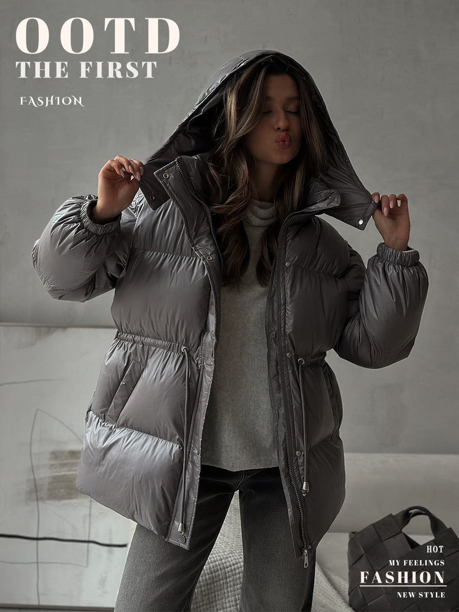 Cross-Border Drawstring Slim European and American 2025 Winter New Hooded Zipper Comfortable Warm Cotton Jacket Coat