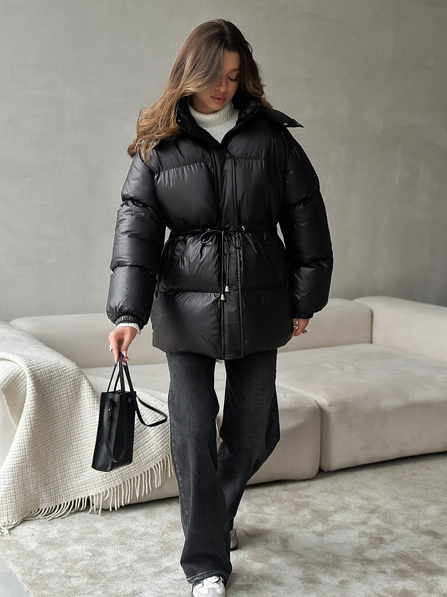 Cross-Border Drawstring Slim European and American 2025 Winter New Hooded Zipper Comfortable Warm Cotton Jacket Coat