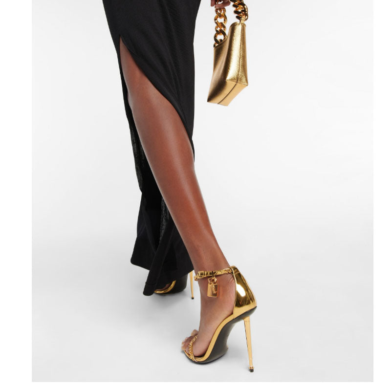 2026 New Foreign Trade Model European American Style gold Women's One-Strap High Heel Sandals with Thin Heel, Open Toe, Metal Chain, and Pointed Toe