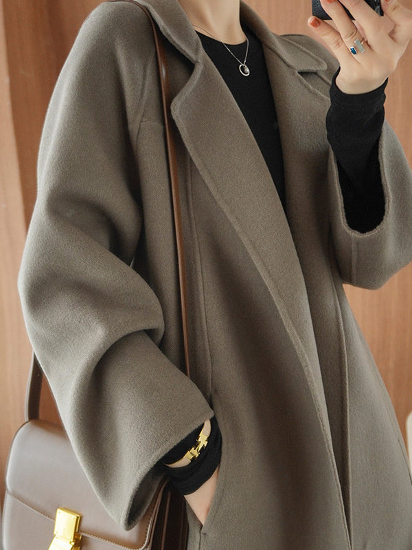Women's double-faced wool coat, long, knee-length, loose fit, plus size, autumn winter, elegant, casual, and high-end