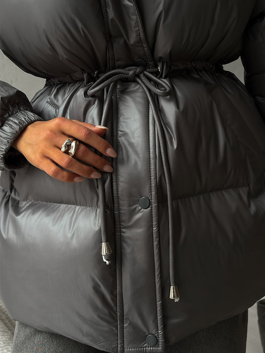 Cross-Border Drawstring Slim European and American 2025 Winter New Hooded Zipper Comfortable Warm Cotton Jacket Coat