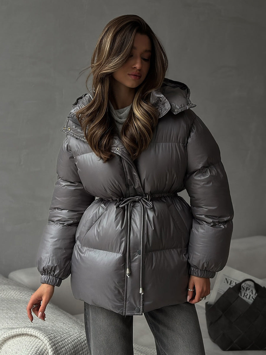 Cross-Border Drawstring Slim European and American 2025 Winter New Hooded Zipper Comfortable Warm Cotton Jacket Coat