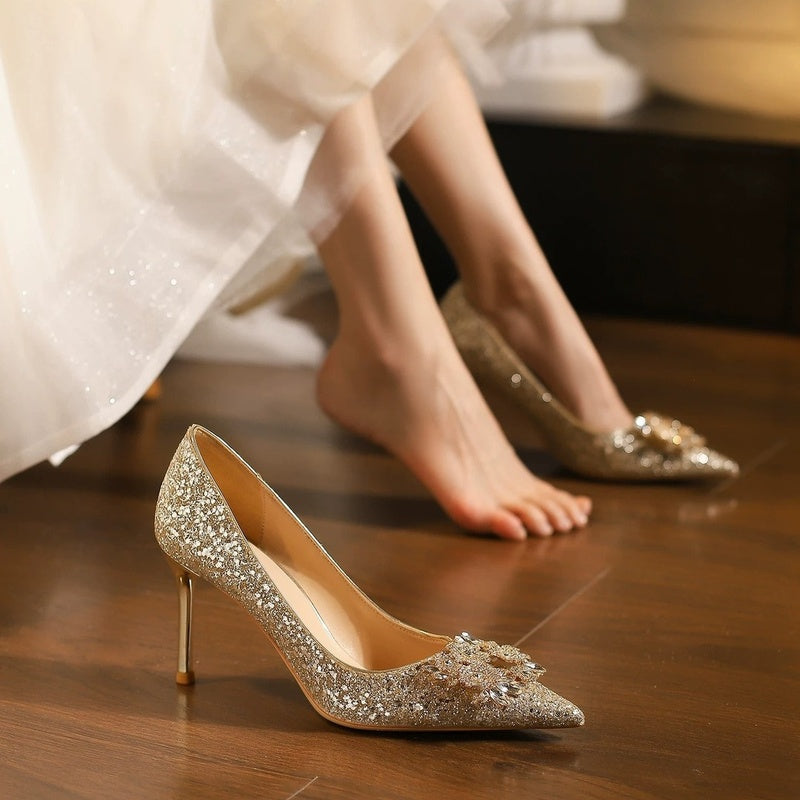Wedding dual-use Xiuhe bridal crystal shoes, champagne-colored high heels women, comfortable for the feet, with rhinestones
