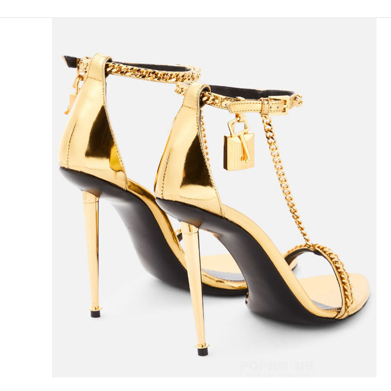 2026 New Foreign Trade Model European American Style gold Women's One-Strap High Heel Sandals with Thin Heel, Open Toe, Metal Chain, and Pointed Toe