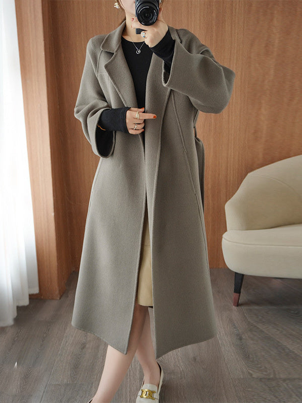 Women's double-faced wool coat, long, knee-length, loose fit, plus size, autumn winter, elegant, casual, and high-end