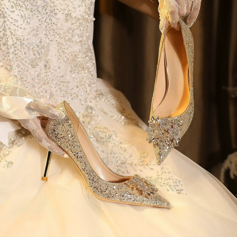 Wedding dual-use Xiuhe bridal crystal shoes, champagne-colored high heels women, comfortable for the feet, with rhinestones