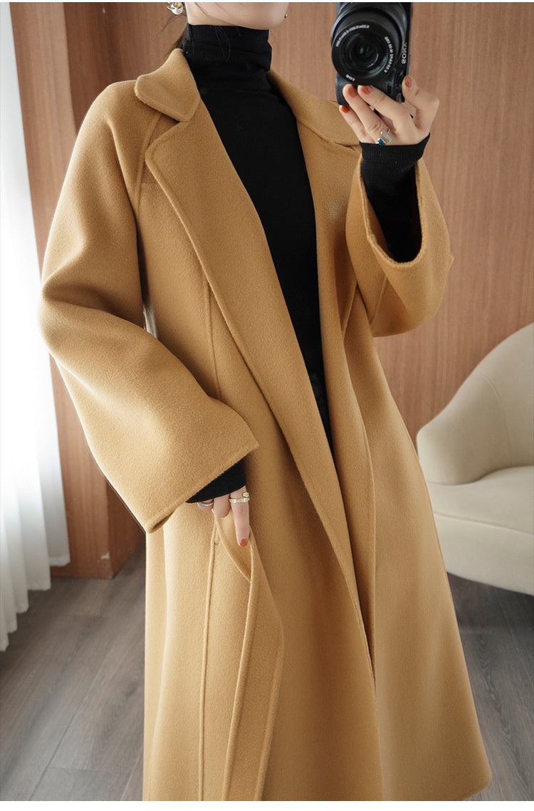 Women's double-faced wool coat, long, knee-length, loose fit, plus size, autumn winter, elegant, casual, and high-end