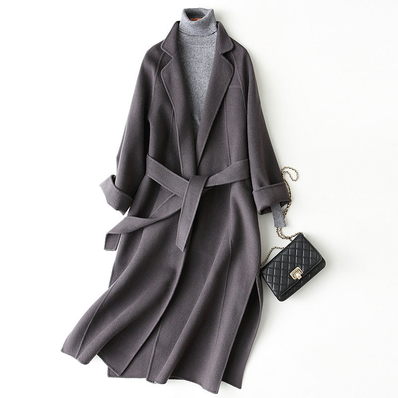 Women's double-faced wool coat, long, knee-length, loose fit, plus size, autumn winter, elegant, casual, and high-end