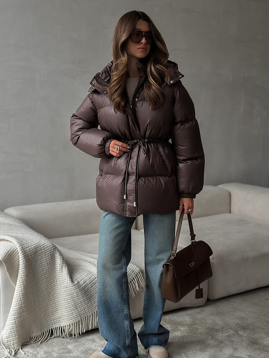 Cross-Border Drawstring Slim European and American 2025 Winter New Hooded Zipper Comfortable Warm Cotton Jacket Coat