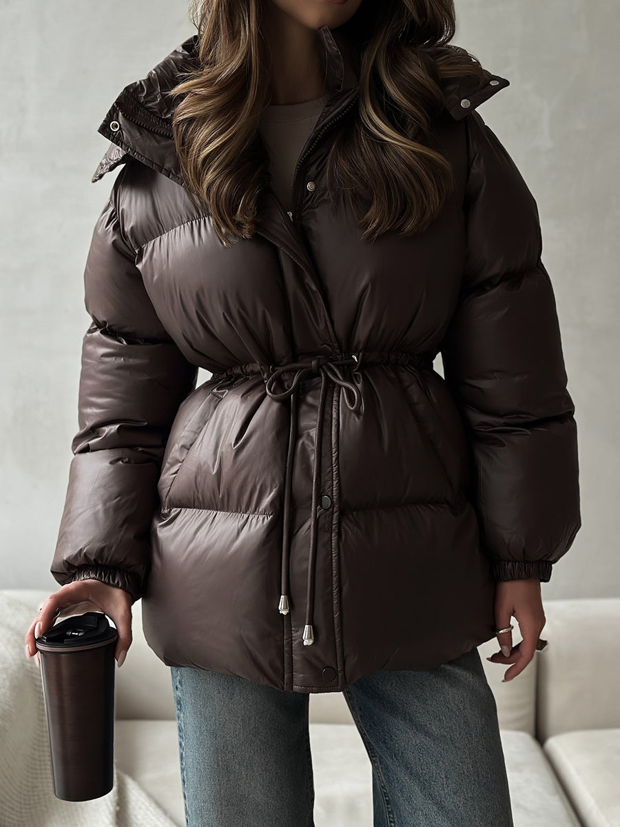 Cross-Border Drawstring Slim European and American 2025 Winter New Hooded Zipper Comfortable Warm Cotton Jacket Coat