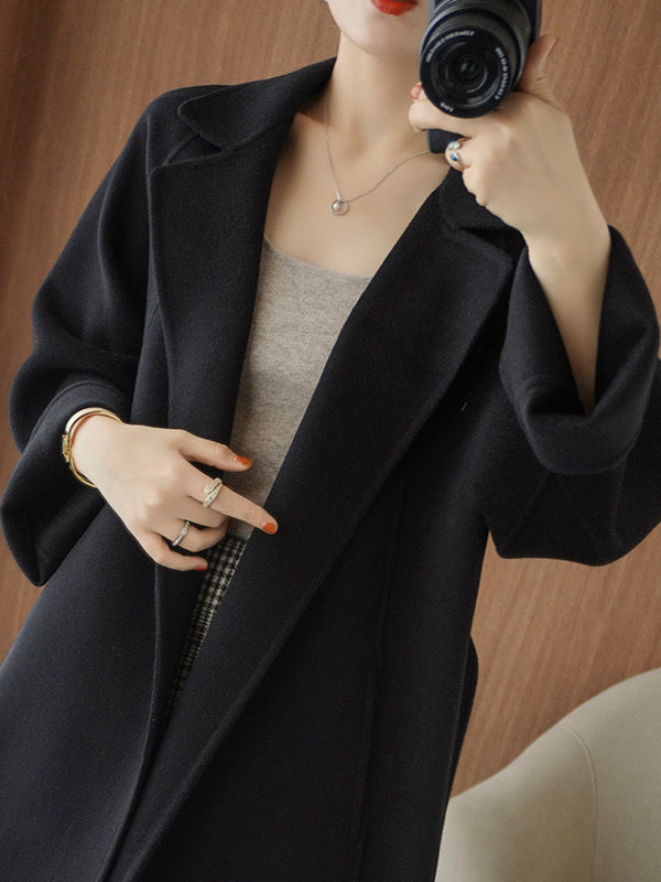 Women's double-faced wool coat, long, knee-length, loose fit, plus size, autumn winter, elegant, casual, and high-end
