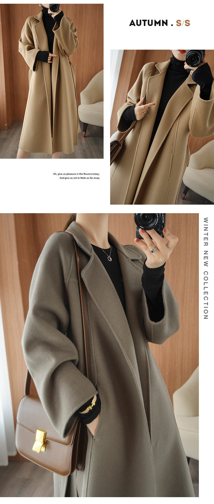 Women's double-faced wool coat, long, knee-length, loose fit, plus size, autumn winter, elegant, casual, and high-end