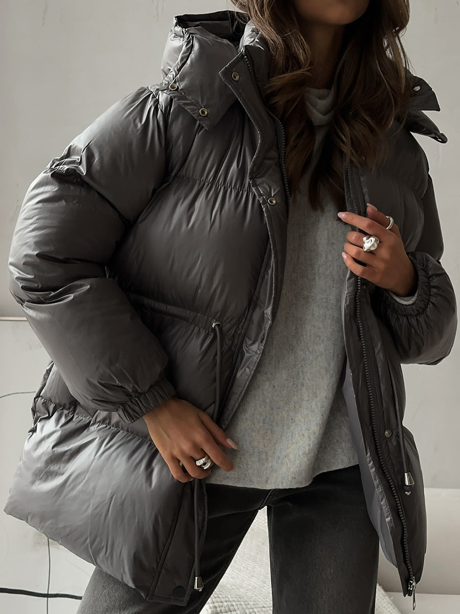 Cross-Border Drawstring Slim European and American 2025 Winter New Hooded Zipper Comfortable Warm Cotton Jacket Coat