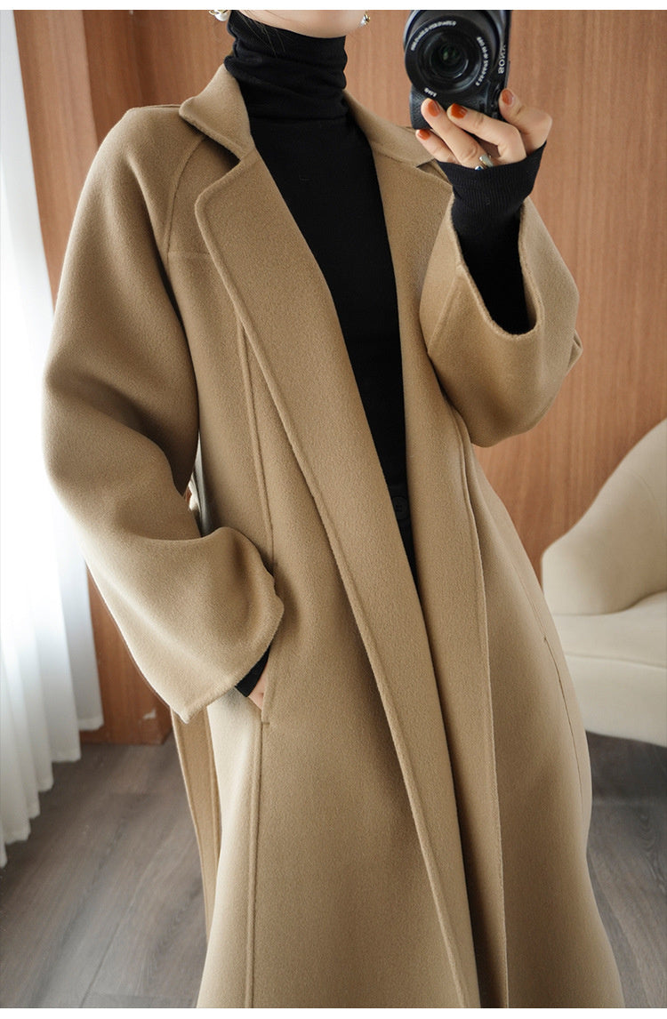 Women's double-faced wool coat, long, knee-length, loose fit, plus size, autumn winter, elegant, casual, and high-end