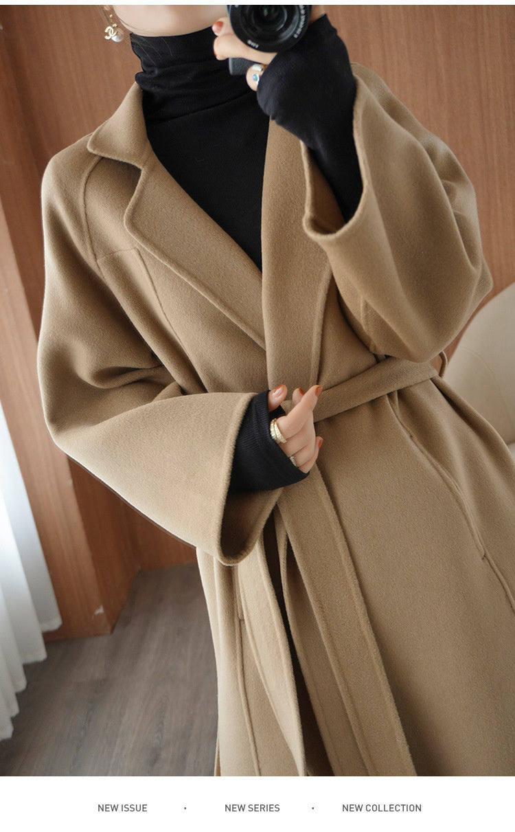 Women's double-faced wool coat, long, knee-length, loose fit, plus size, autumn winter, elegant, casual, and high-end