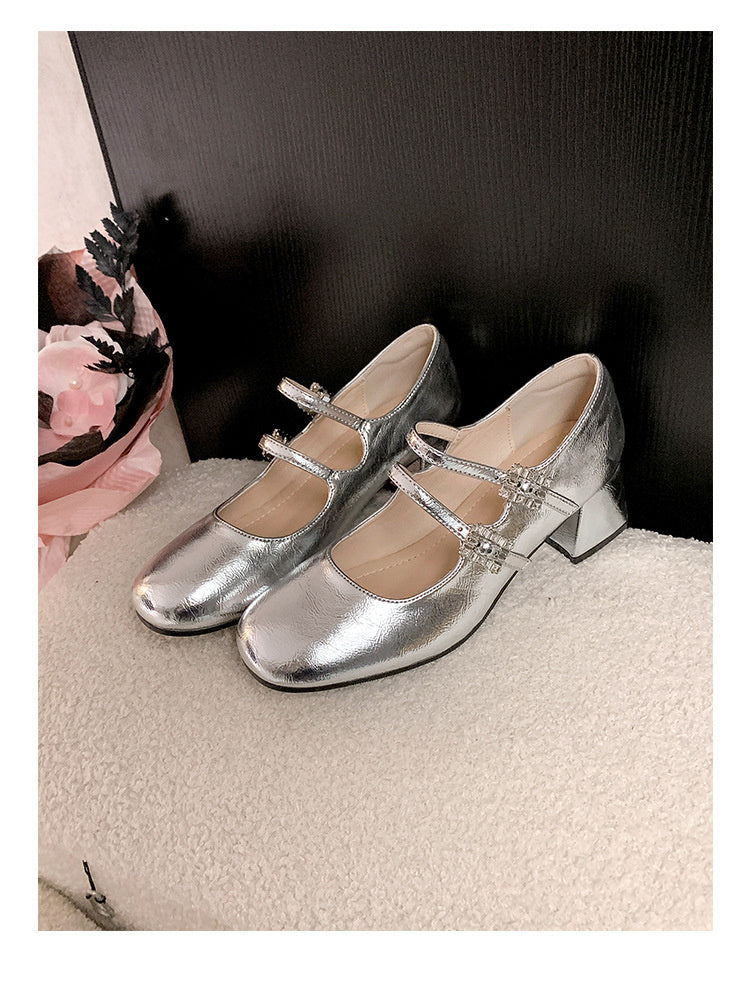 Weiwei Girl 173-1 French Mary Jane for Women One-Strap Chunky Heel Single Shoes Fairy Style Silver High Heels