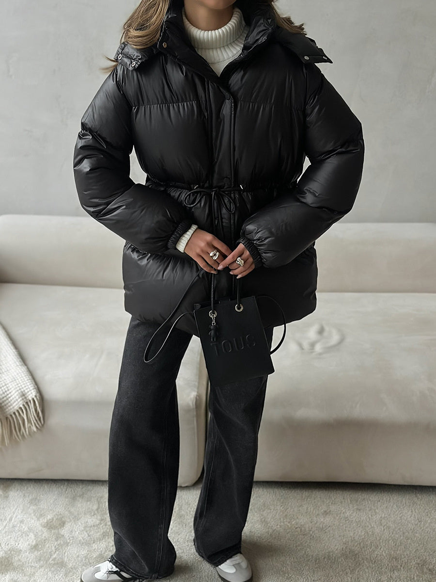 Cross-Border Drawstring Slim European and American 2025 Winter New Hooded Zipper Comfortable Warm Cotton Jacket Coat