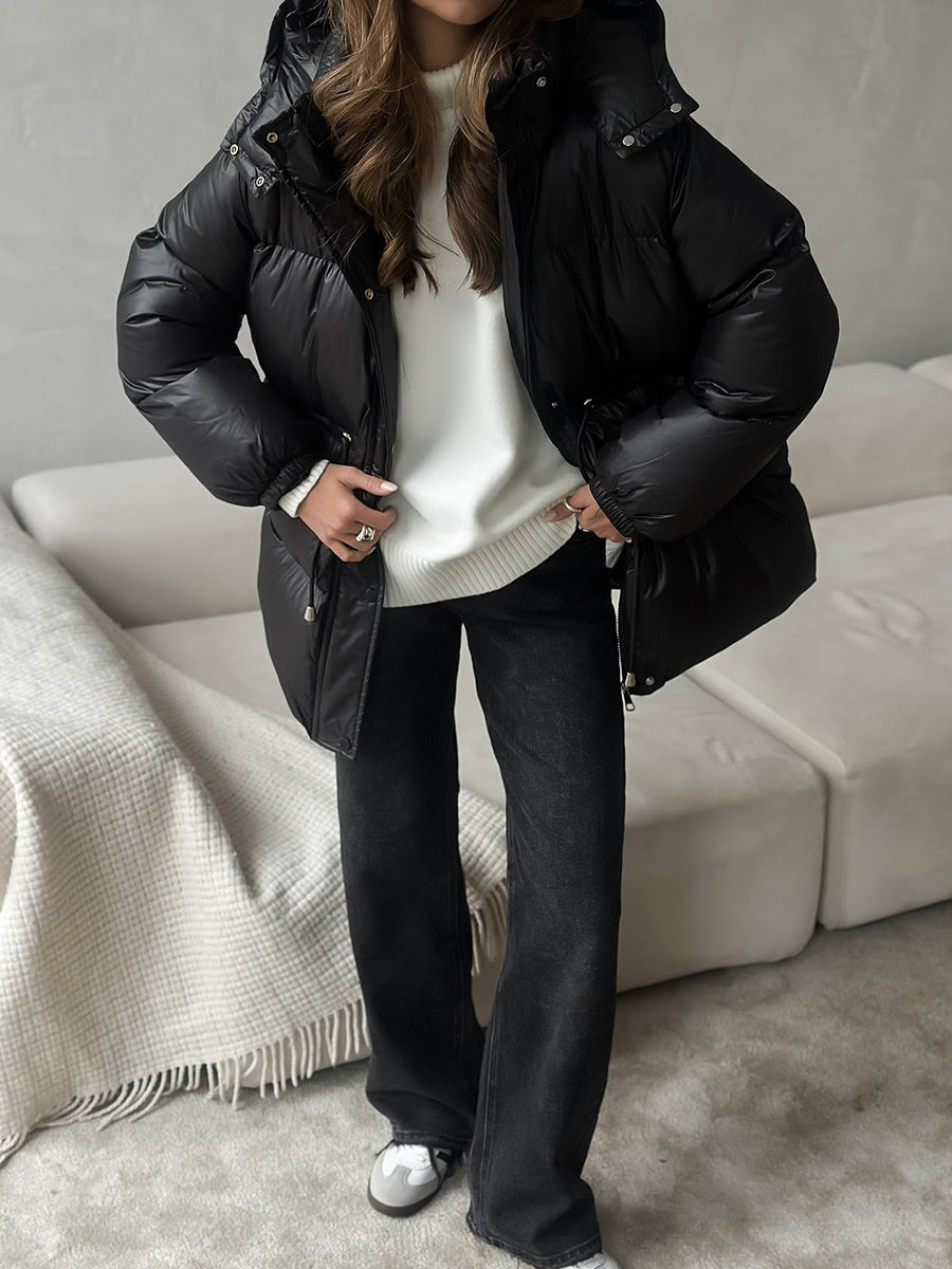 Cross-Border Drawstring Slim European and American 2025 Winter New Hooded Zipper Comfortable Warm Cotton Jacket Coat