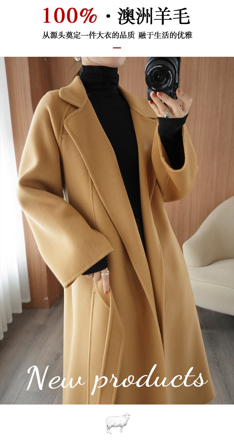 Women's double-faced wool coat, long, knee-length, loose fit, plus size, autumn winter, elegant, casual, and high-end